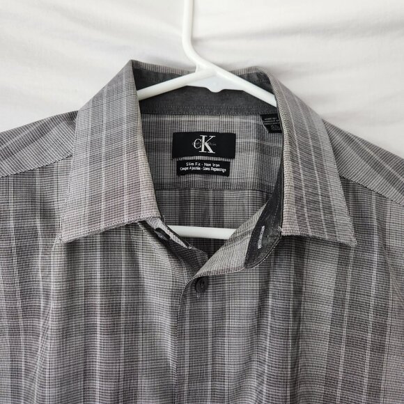 Calvin Klein Men’s Dress Shirt Slim Fit Non Iron Gray Button Up 15.5 34/35 - Picture 2 of 8